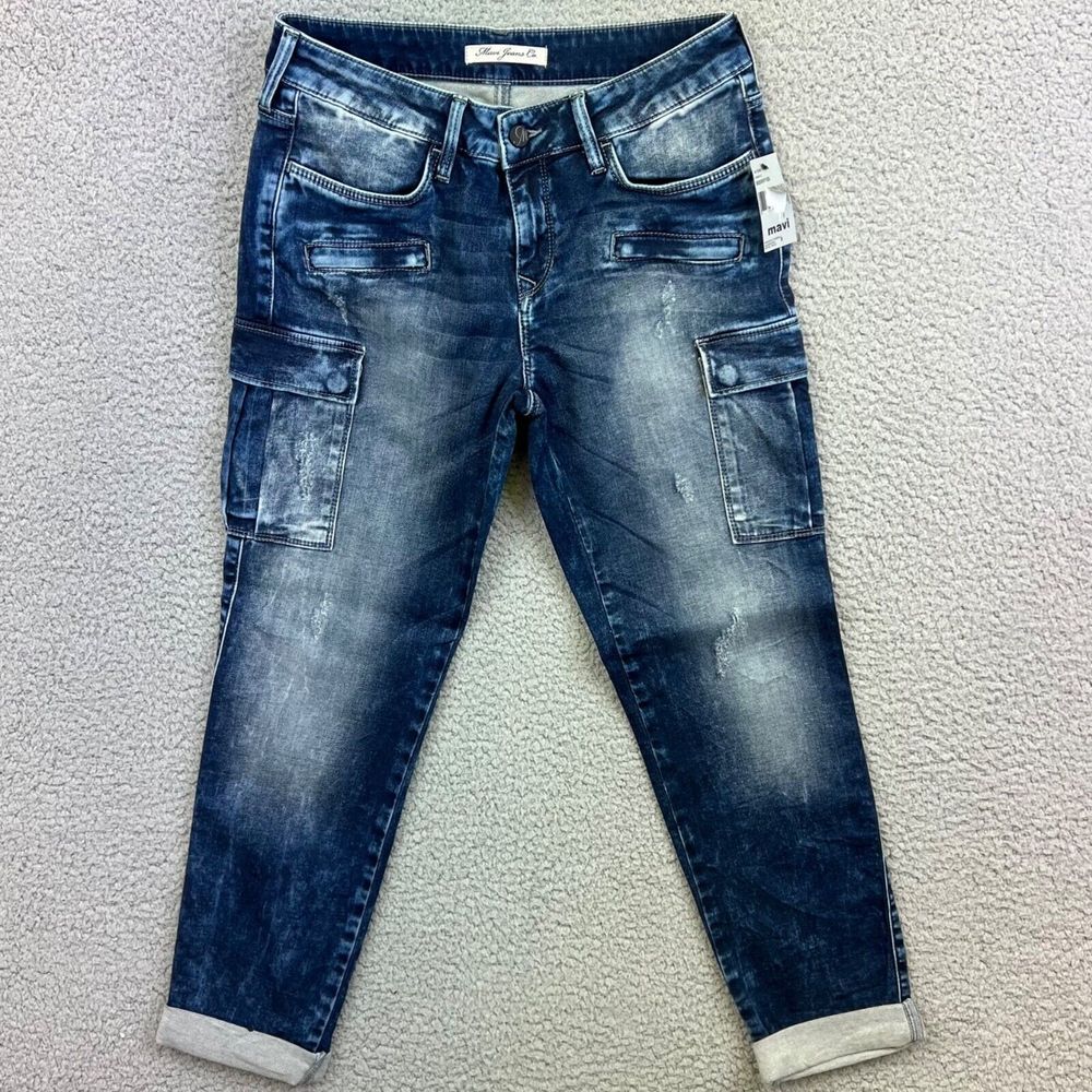 Mavi Shelly Mid Rise Cargo‎ Denim Blue Jeans Tapered Leg Medium Wash Womens 27